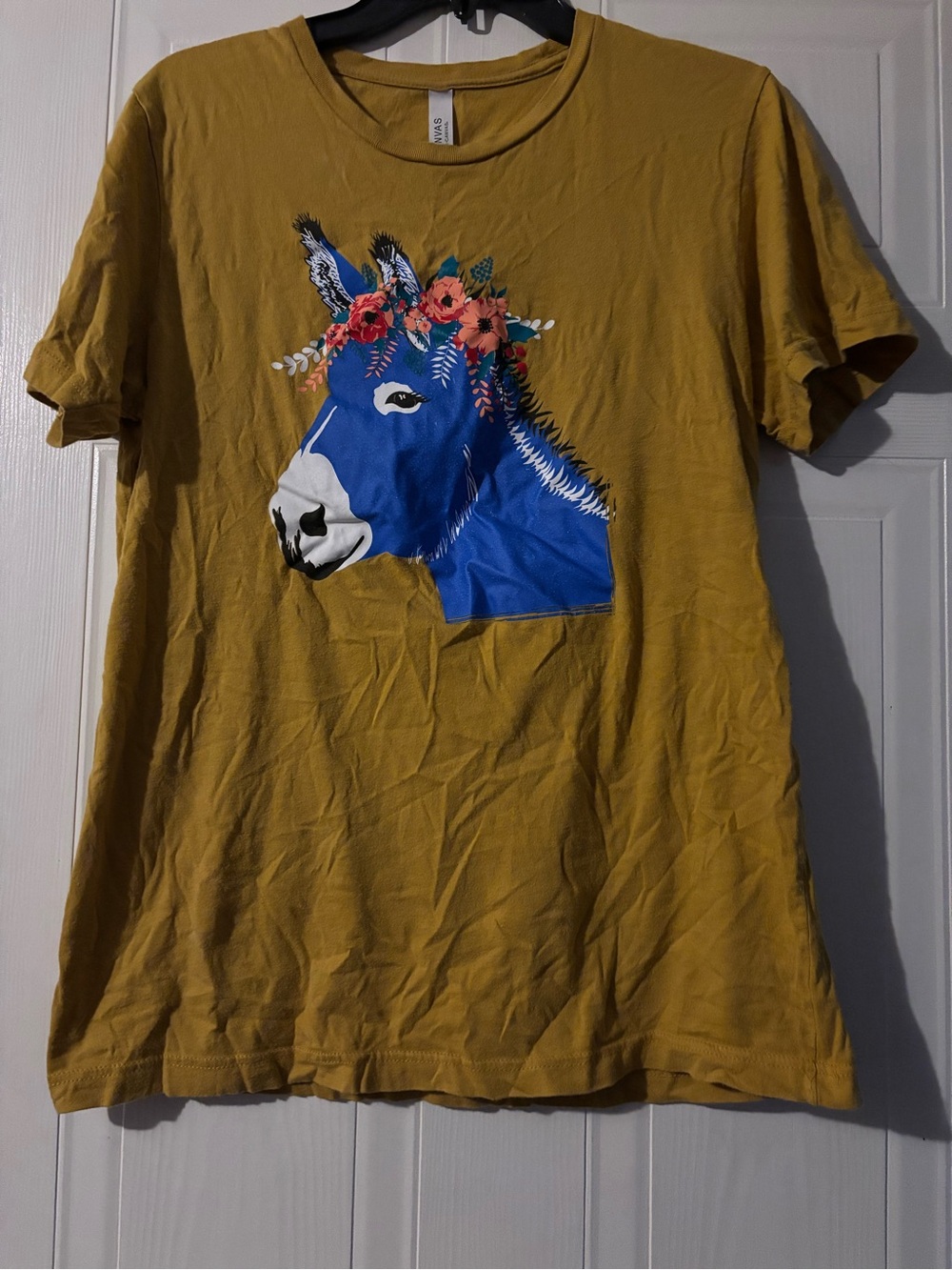 Mustard Tee with Blue Donkey Graphic
